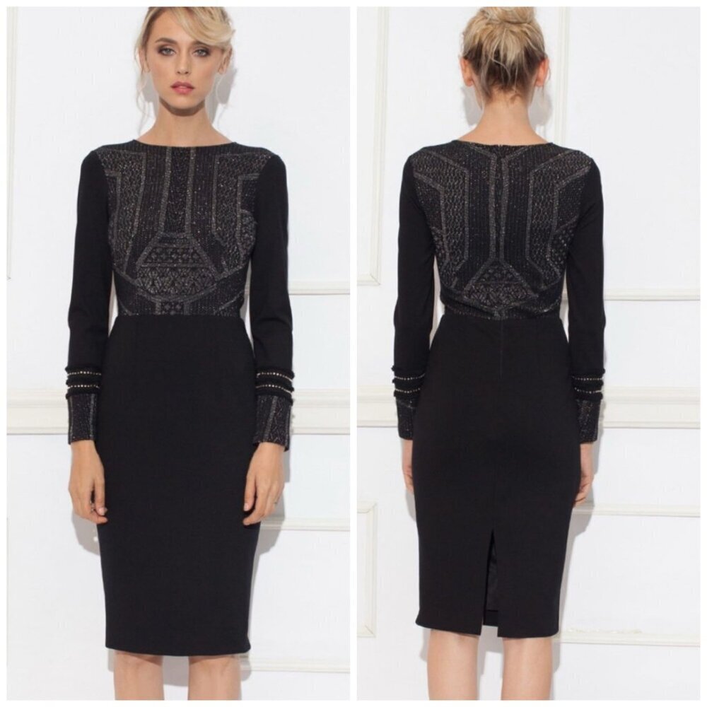 Nissa Dress Women 10 Black Knit Metallic Insert‎ Long Sleeve Knee Length Sheath